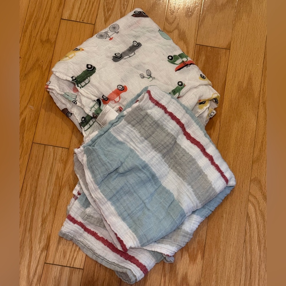 Two Muslin Swaddle Blankets - Multicolor stripe and vehicle designs